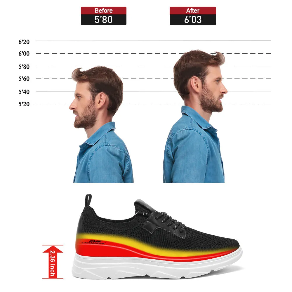 6 CM / 2.36 Inches CMR CHAMARIPA Black Breathable Knit Elevator Sneakers for Men