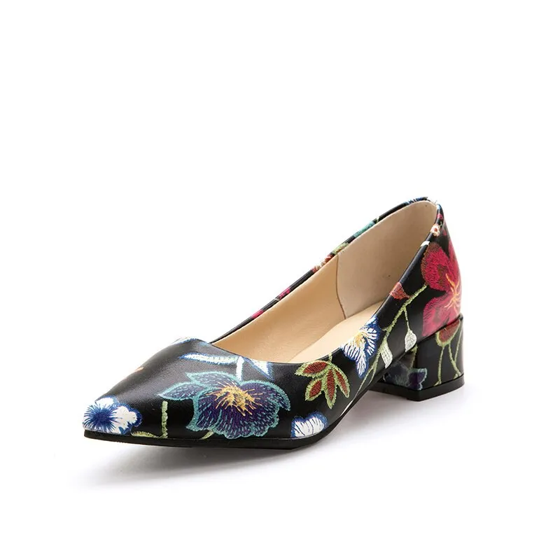 Amozae Sweet Flower Print Comfortable Short Heels Shoes Women Casual Shallow Party Pumps Female Low Heels Designer Shoes Large Size 45