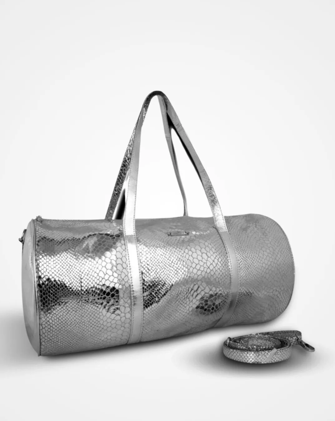 Bella- Silver Snake Print Leather Magpie Tripper with Toiletry Kit - Overnight Drum Bag