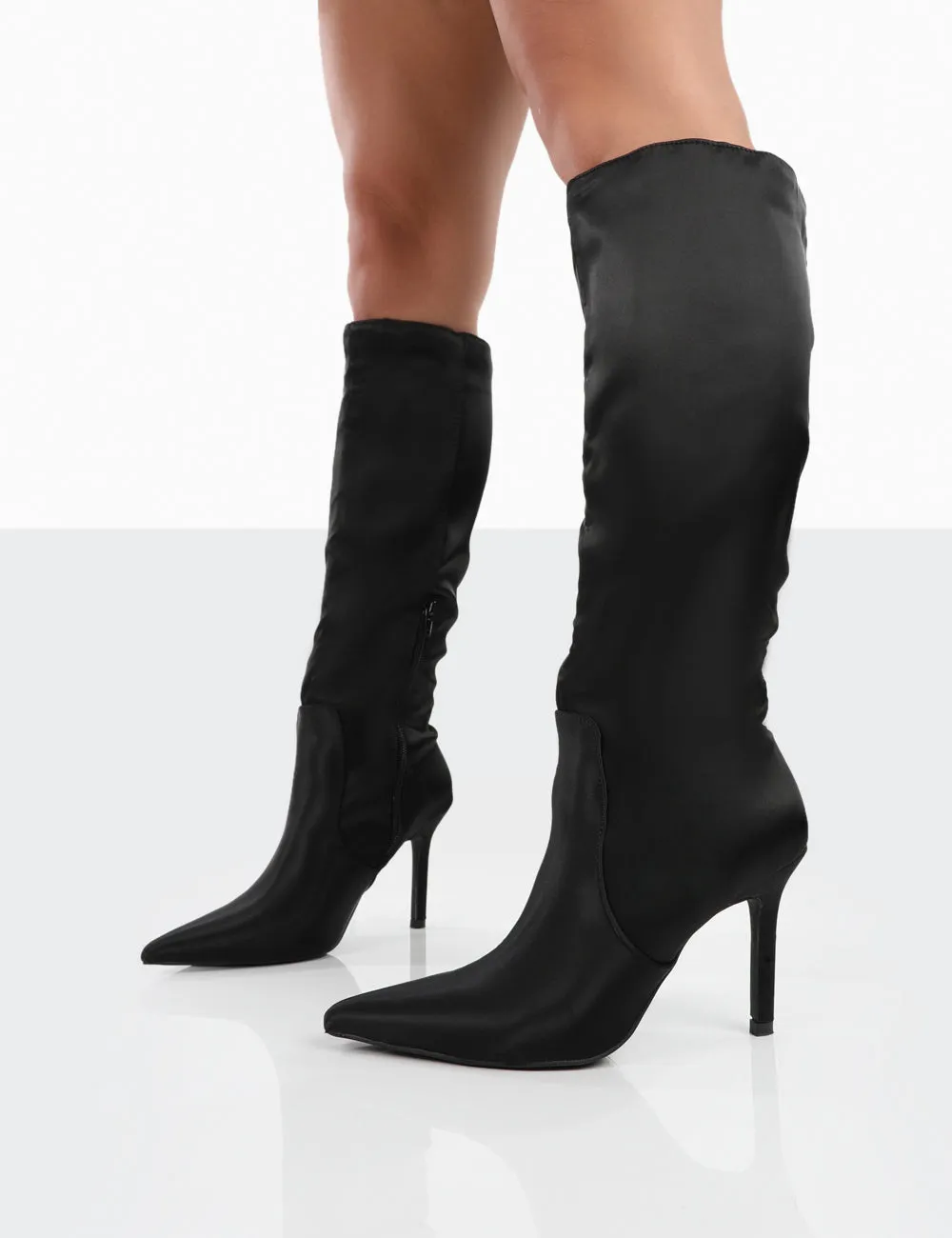 Best Believe Black Satin Pointed Toe Heeled Knee High Boots