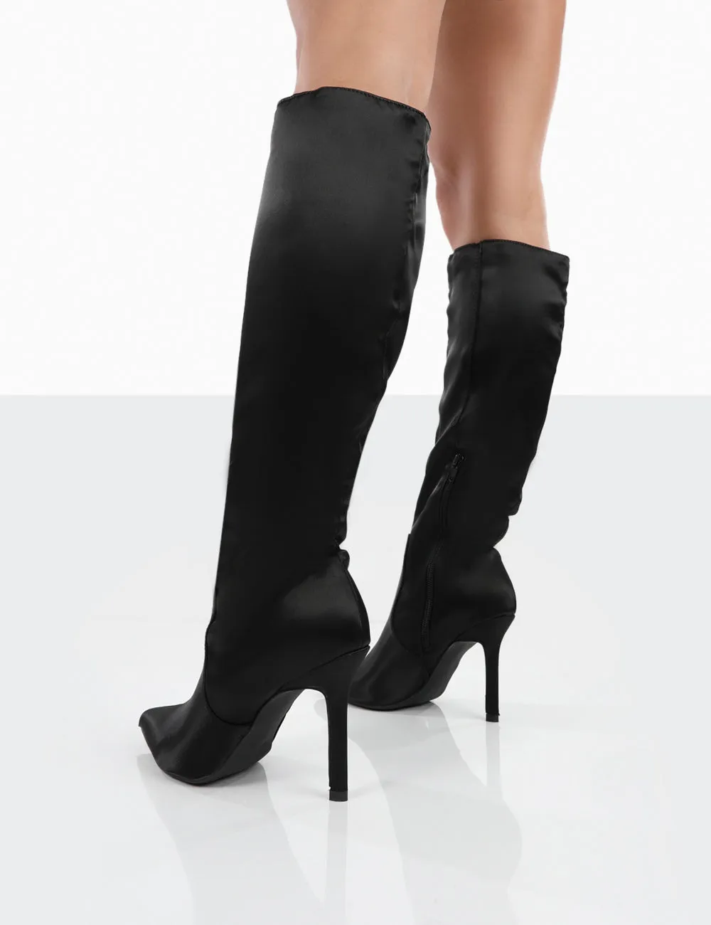 Best Believe Black Satin Pointed Toe Heeled Knee High Boots