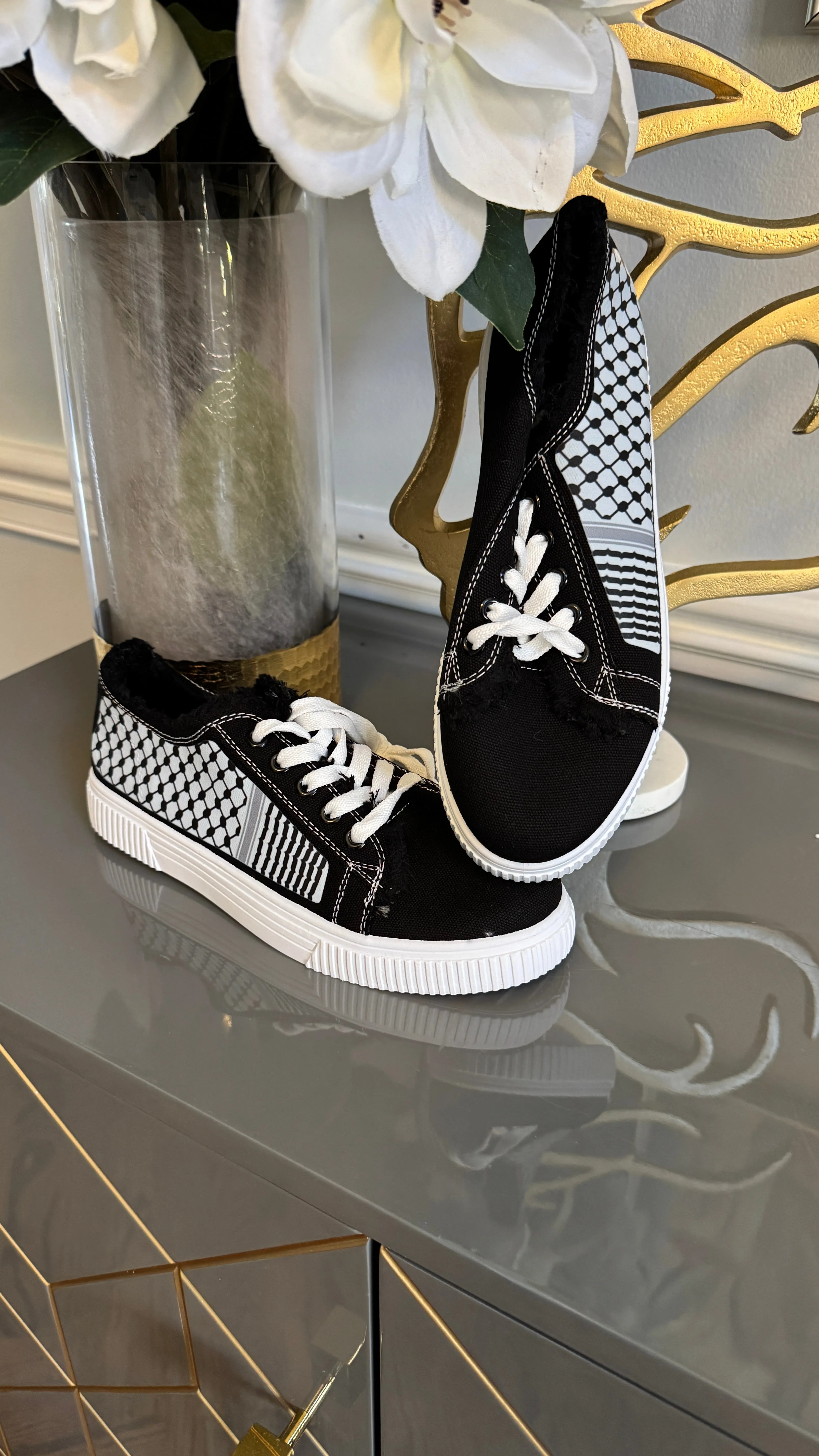Black and White Canvas Sneakers, designed with black and White keffiyeh Kuffiyeh.