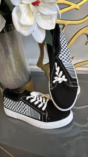 Black and White Canvas Sneakers, designed with black and White keffiyeh Kuffiyeh.