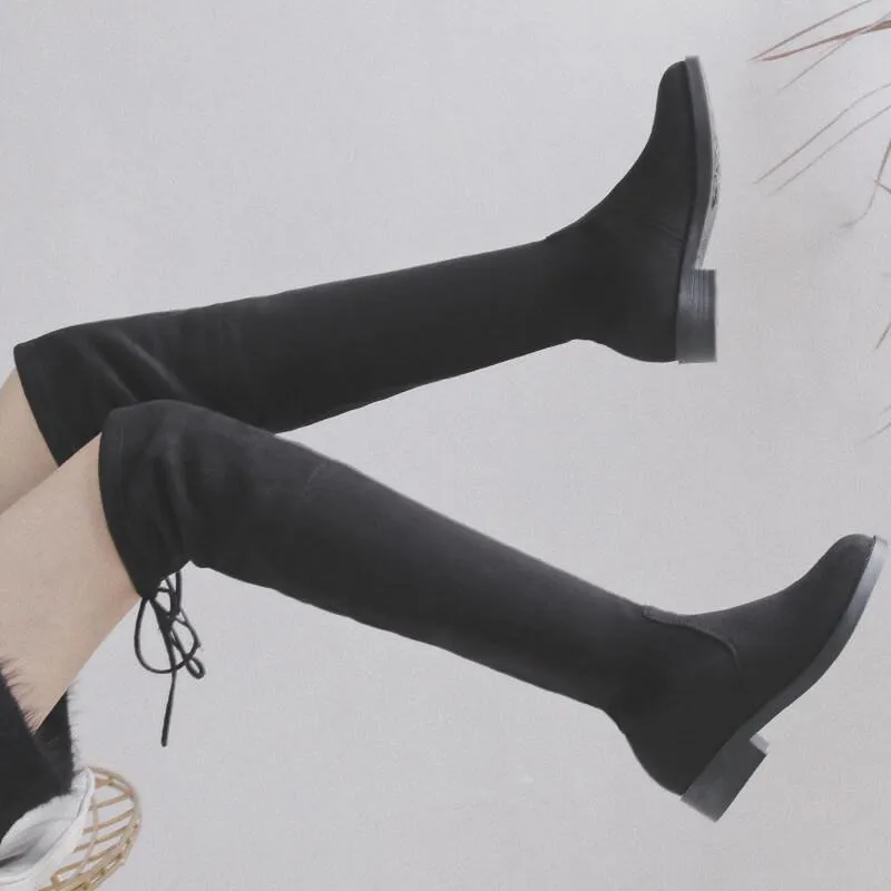 Black Suede Flat Over Knee Sock Boots