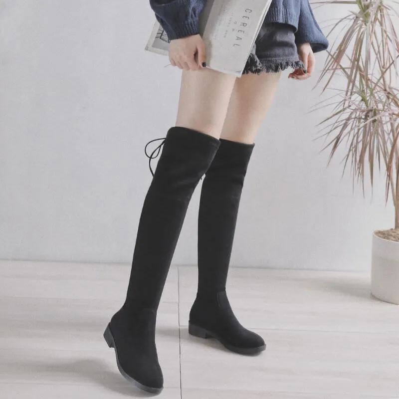 Black Suede Flat Over Knee Sock Boots