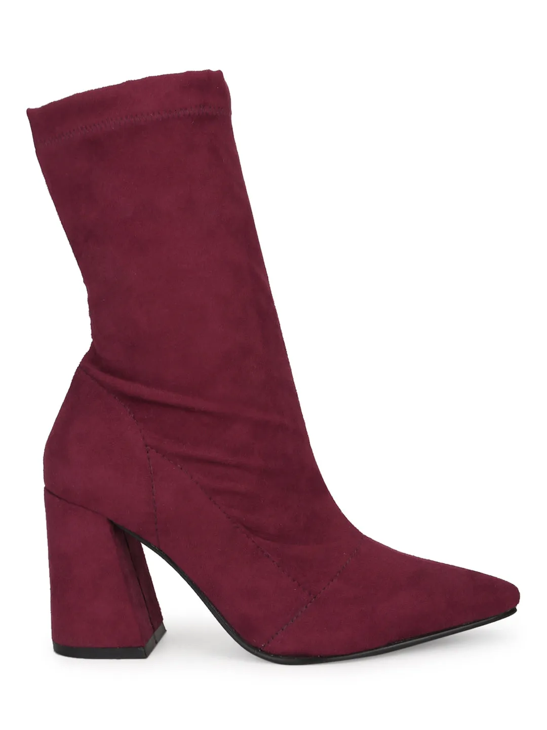 Burgundy Suede Pointed Toe Sock Mid Calf Boots
