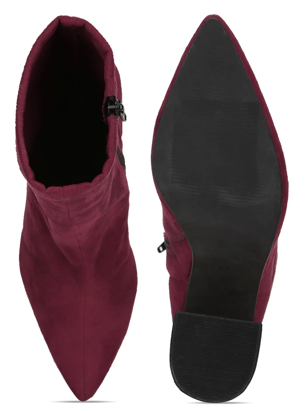 Burgundy Suede Pointed Toe Sock Mid Calf Boots
