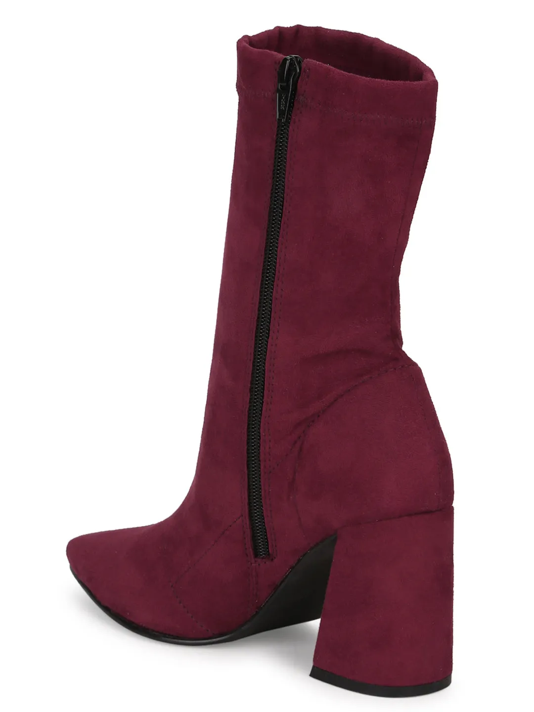 Burgundy Suede Pointed Toe Sock Mid Calf Boots