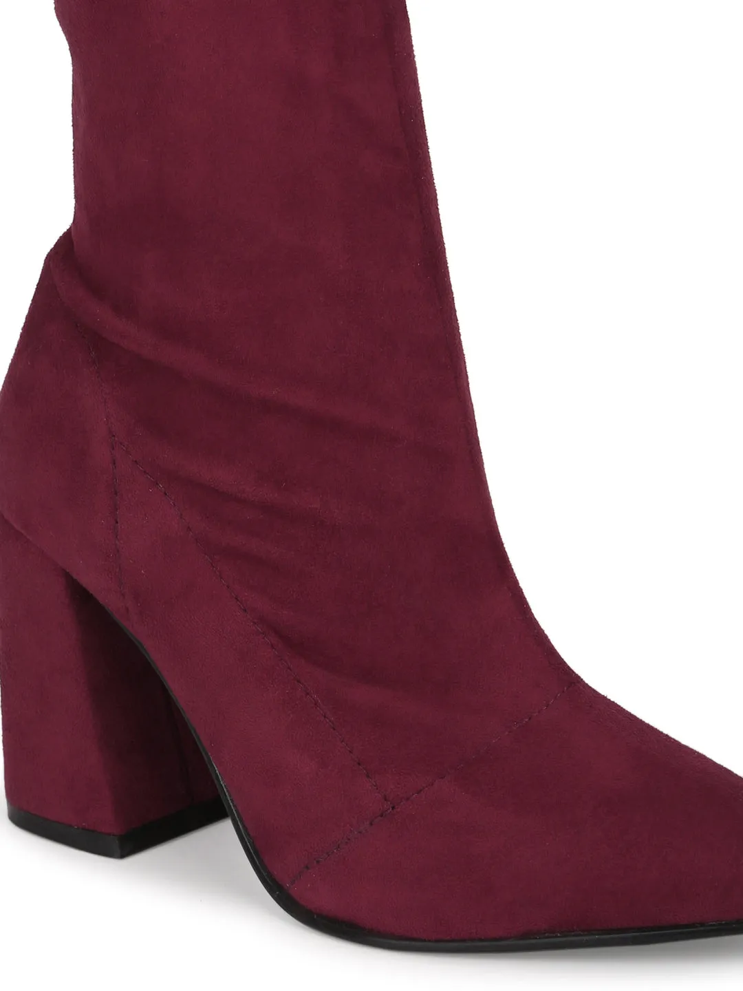 Burgundy Suede Pointed Toe Sock Mid Calf Boots