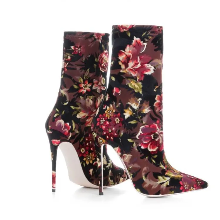 Casual Flower Print Pointed Toe High Heel Ankle Boots