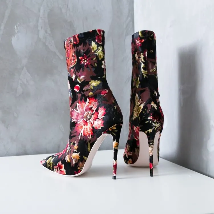 Casual Flower Print Pointed Toe High Heel Ankle Boots