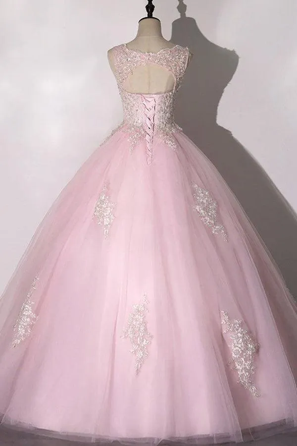 Chic Ball Gown Pink Prom Dress Tulle Applique Evening Dress PSK266