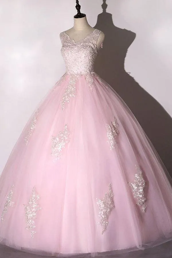 Chic Ball Gown Pink Prom Dress Tulle Applique Evening Dress PSK266