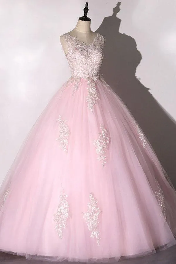 Chic Ball Gown Pink Prom Dress Tulle Applique Evening Dress PSK266