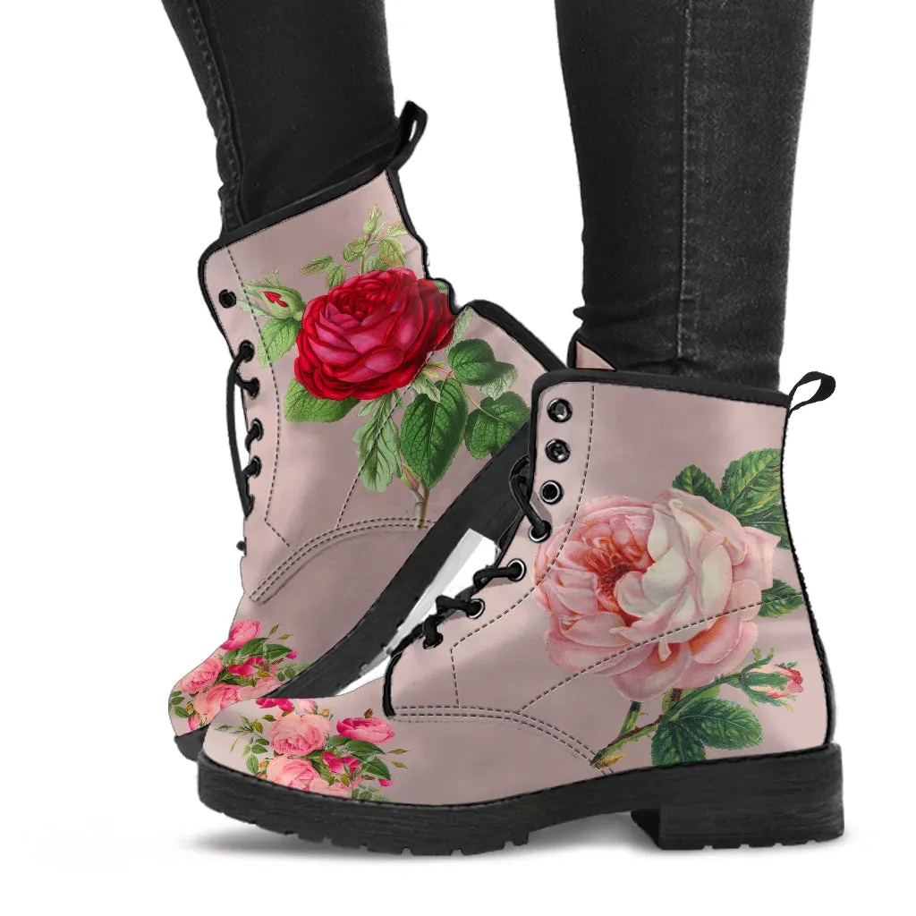 Combat Boots - Vintage Style Flowers #101 | Boho Shoes, Handmade Lace Up Boots, Vegan Leather Lace Up Boots Women