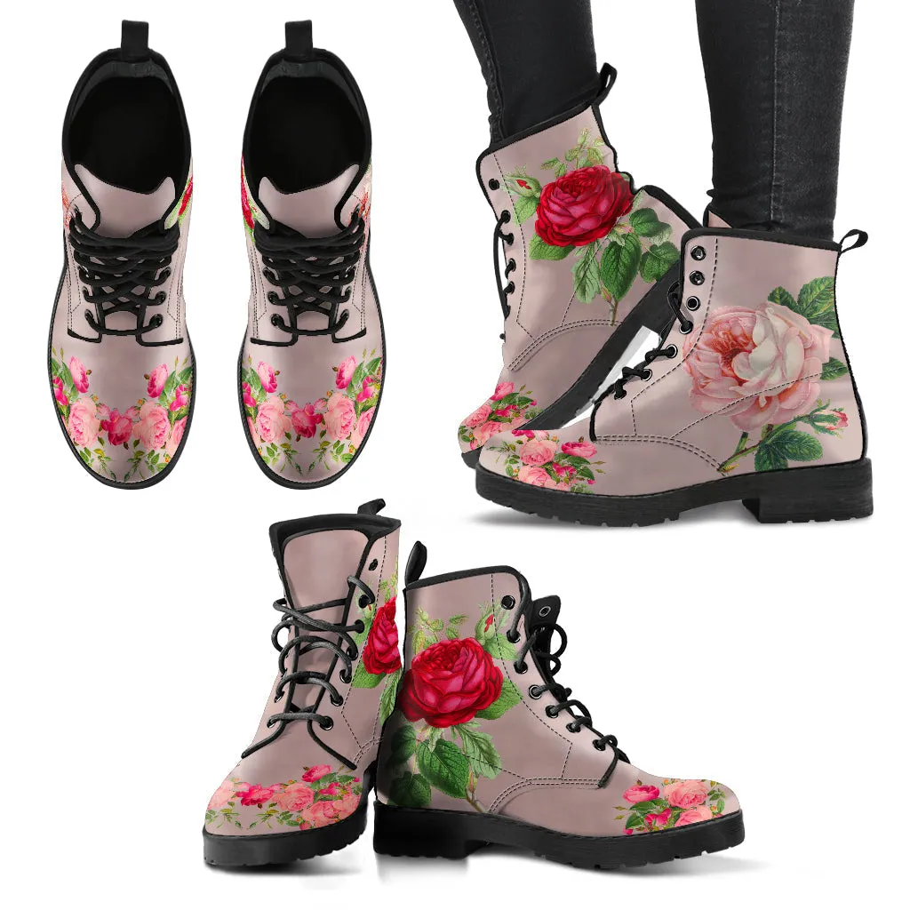 Combat Boots - Vintage Style Flowers #101 | Boho Shoes, Handmade Lace Up Boots, Vegan Leather Lace Up Boots Women