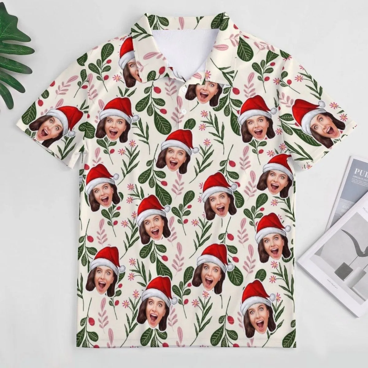 Custom Face Green Leaf Christmas Hat All Over Print Polo Shirt Personalized Men's Golf Shirt