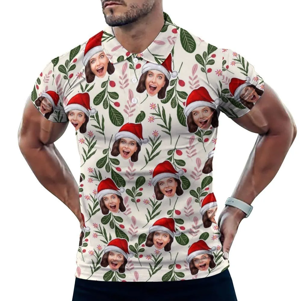 Custom Face Green Leaf Christmas Hat All Over Print Polo Shirt Personalized Men's Golf Shirt