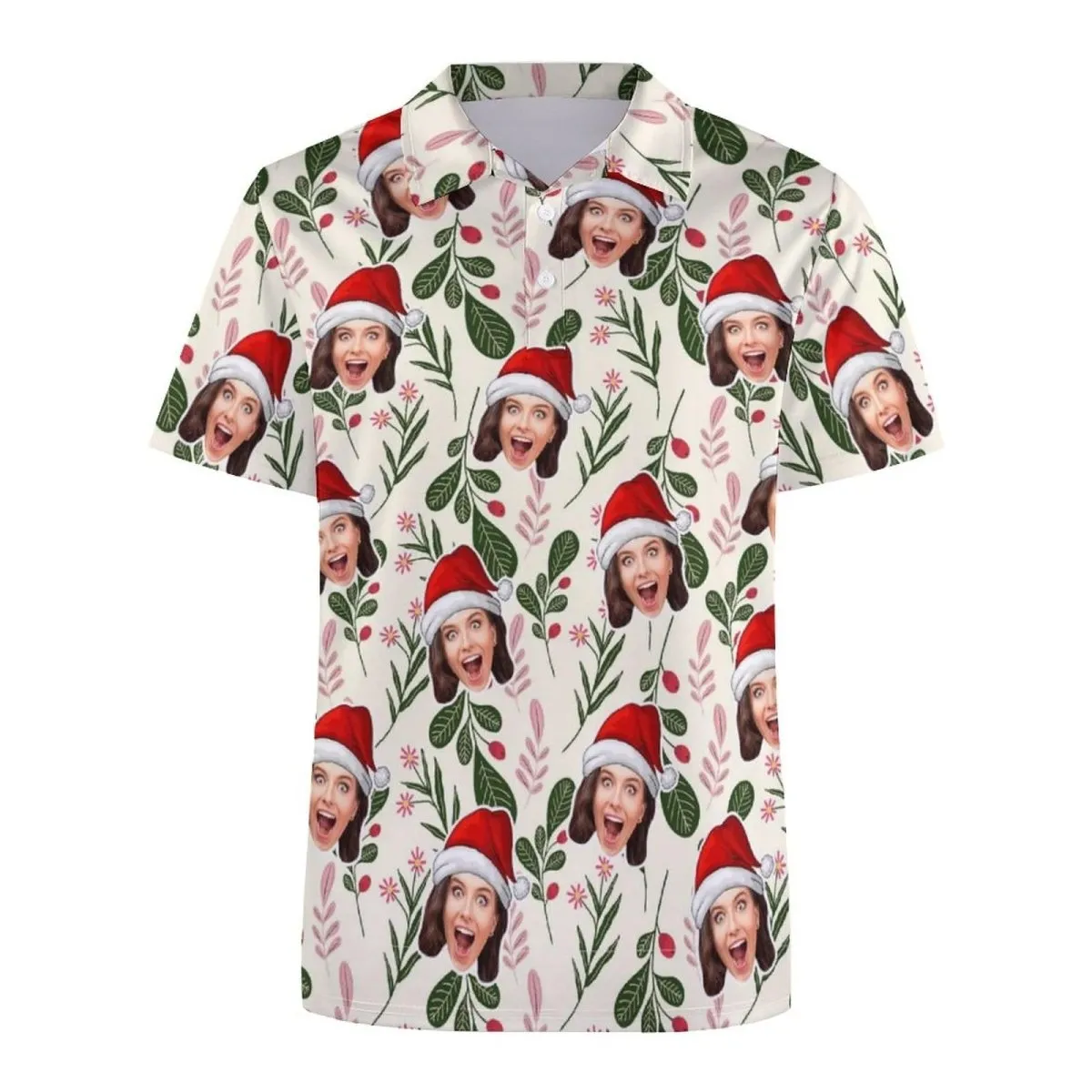 Custom Face Green Leaf Christmas Hat All Over Print Polo Shirt Personalized Men's Golf Shirt