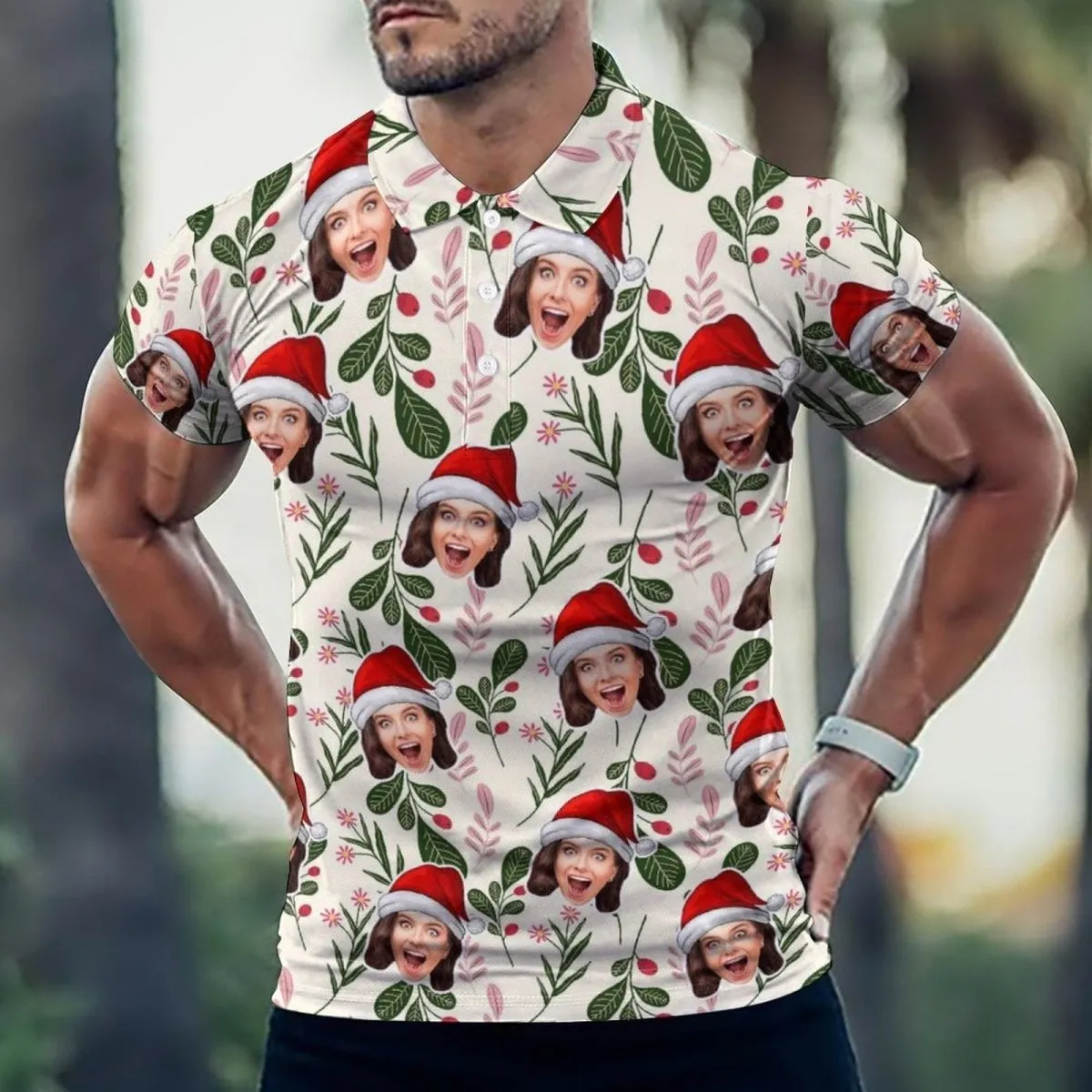 Custom Face Green Leaf Christmas Hat All Over Print Polo Shirt Personalized Men's Golf Shirt