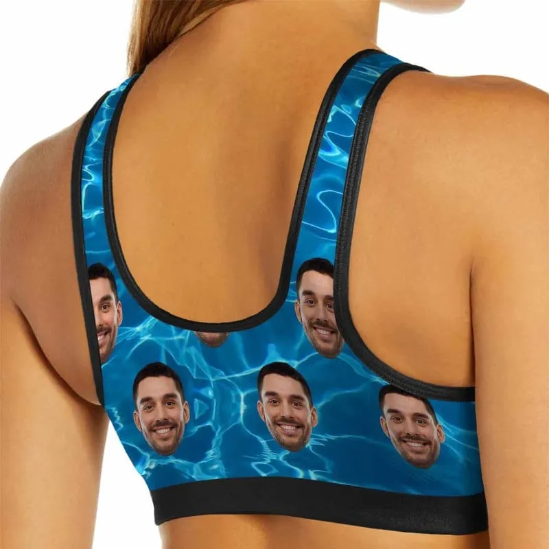 Custom Husband Face Blue Waves Sports Bra Personalized Women's All Over Print Yoga Sports Bra