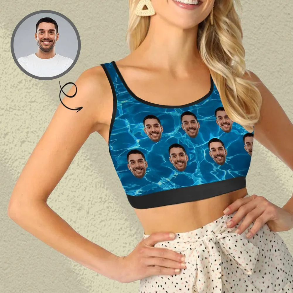 Custom Husband Face Blue Waves Sports Bra Personalized Women's All Over Print Yoga Sports Bra