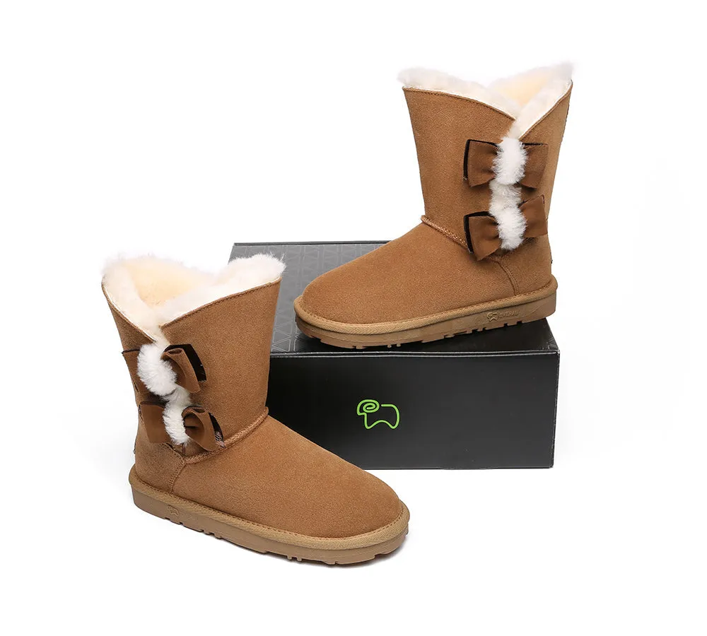 EVERAU® UGG Boots Women Sheepskin Wool Double Bow Eira