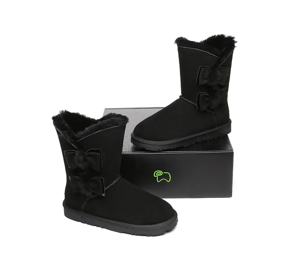 EVERAU® UGG Boots Women Sheepskin Wool Double Bow Eira