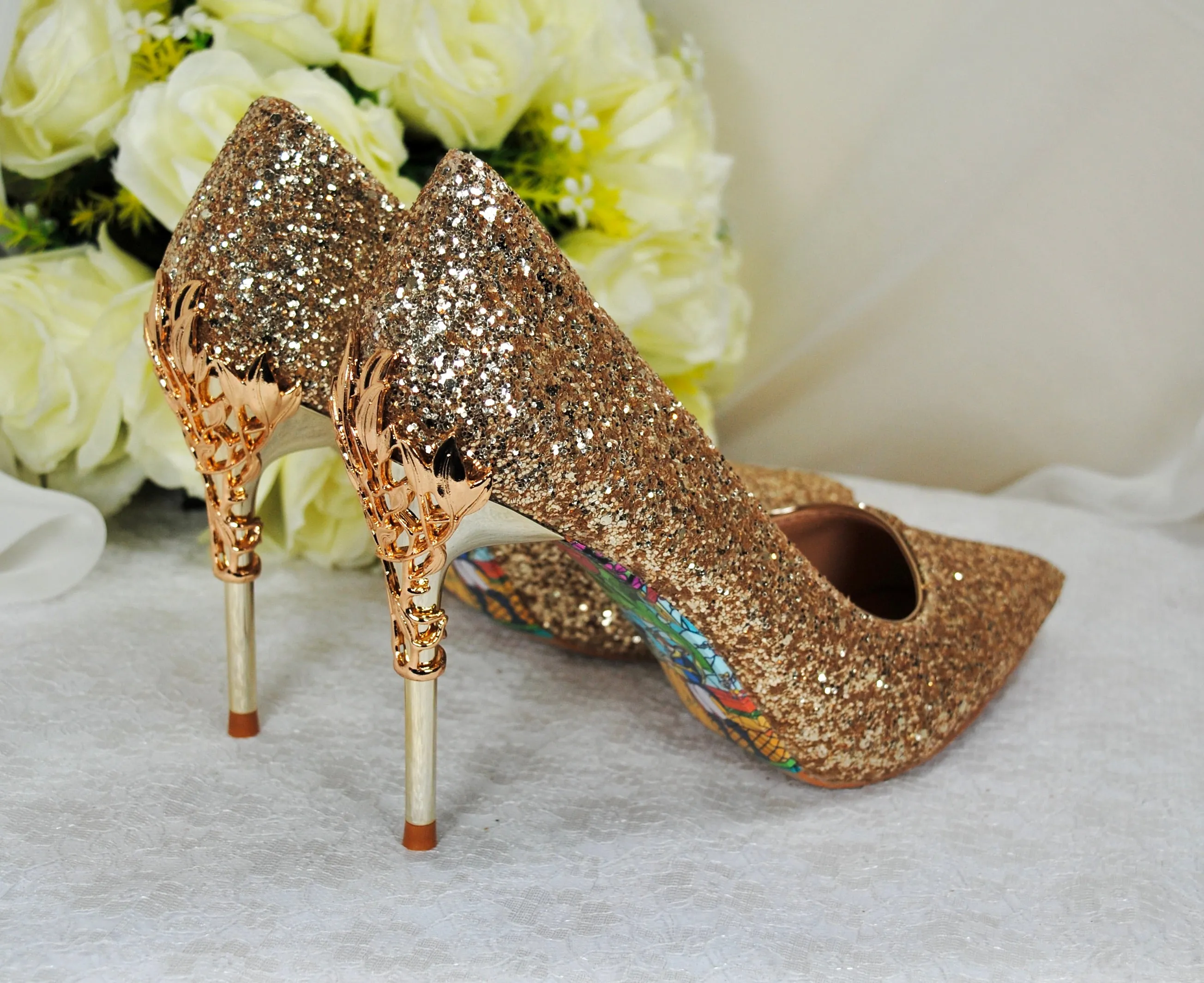 Gold Glitter Vine Heels Size UK3 / US5.5