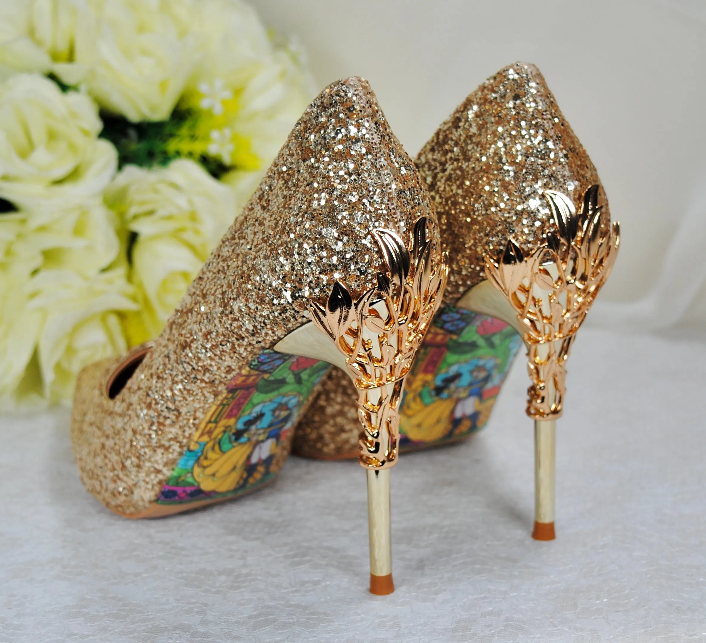 Gold Glitter Vine Heels Size UK3 / US5.5