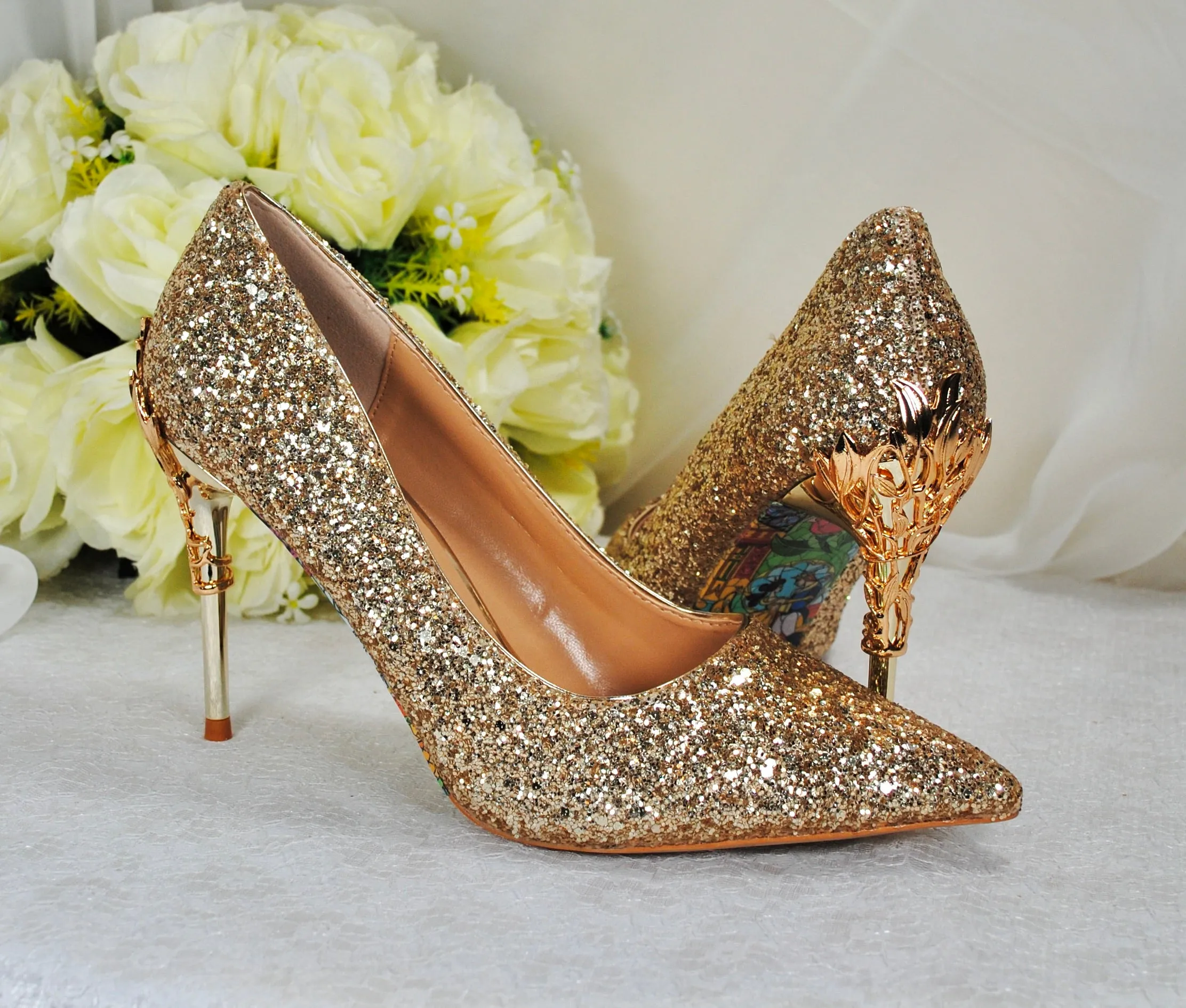 Gold Glitter Vine Heels Size UK3 / US5.5