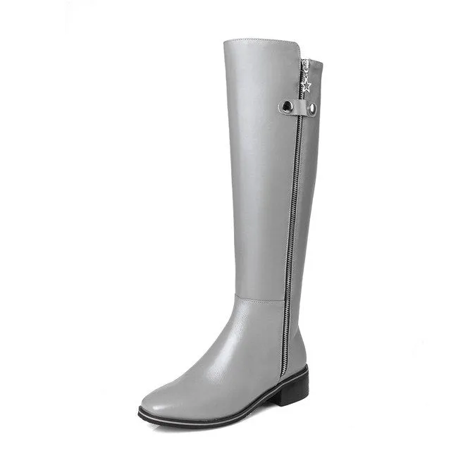 knee high genuine leather square heels riding boots