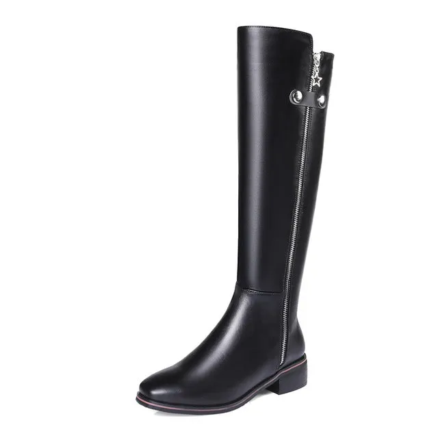 knee high genuine leather square heels riding boots