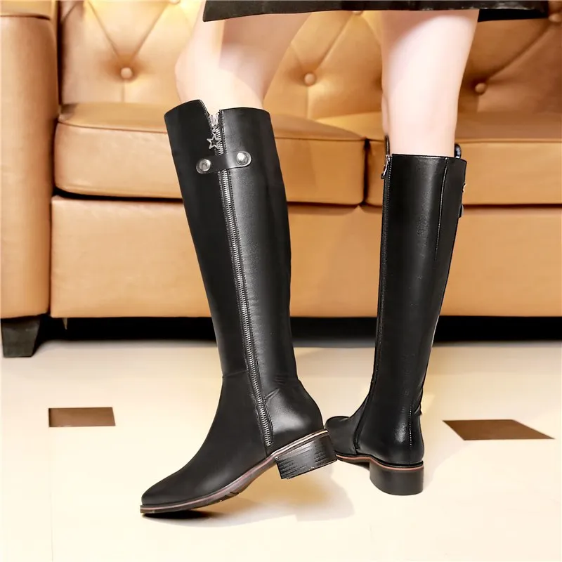 knee high genuine leather square heels riding boots