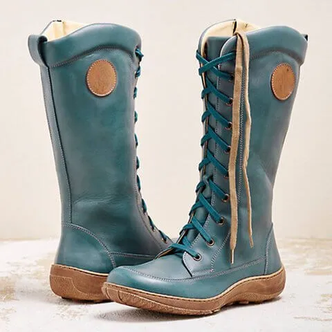 Knee High Leather Lace Up Flat Boots