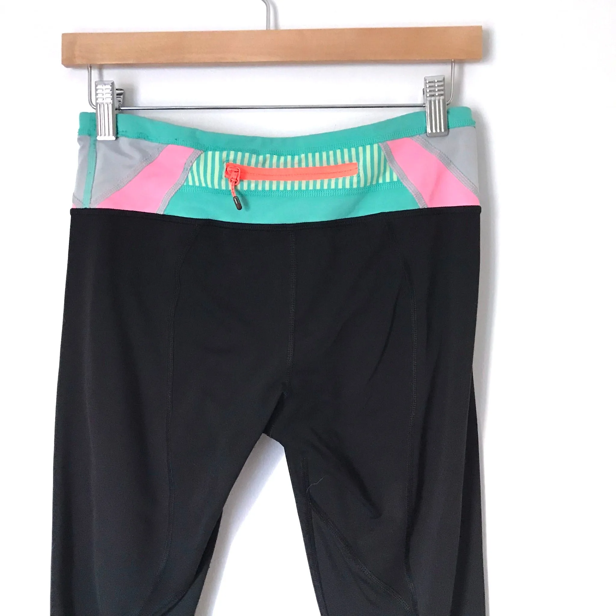Lululemon Black Crop Pants with Pink/Green Waistband- Size 6 (Inseam 21") see notes