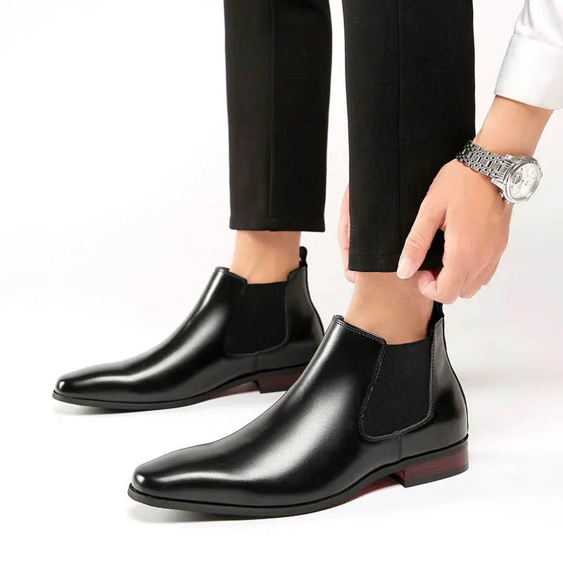 Men business chelsea boots leather slip on low heel square toe boots