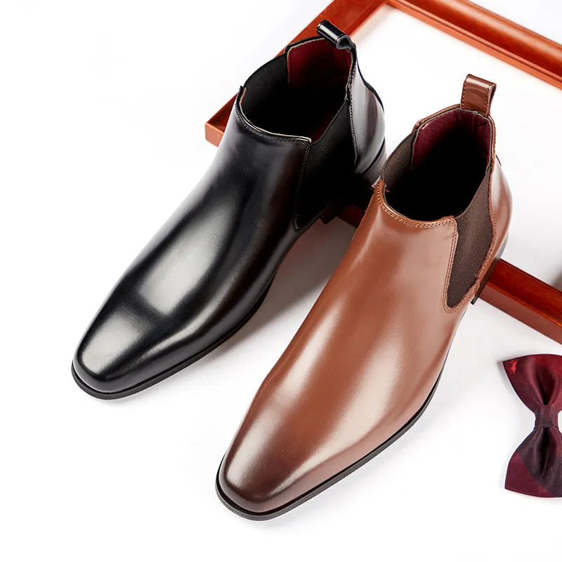 Men business chelsea boots leather slip on low heel square toe boots