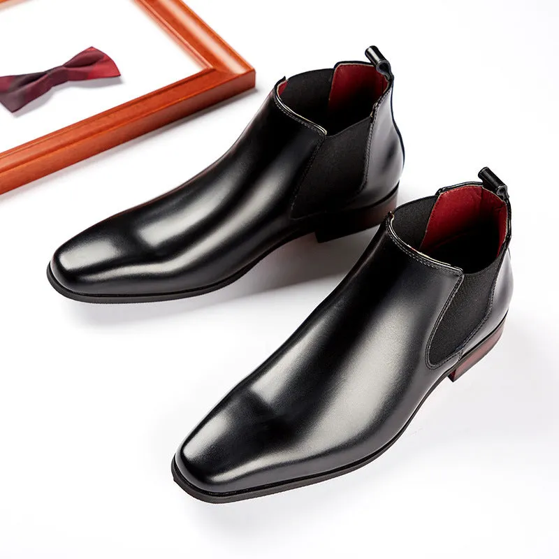 Men business chelsea boots leather slip on low heel square toe boots