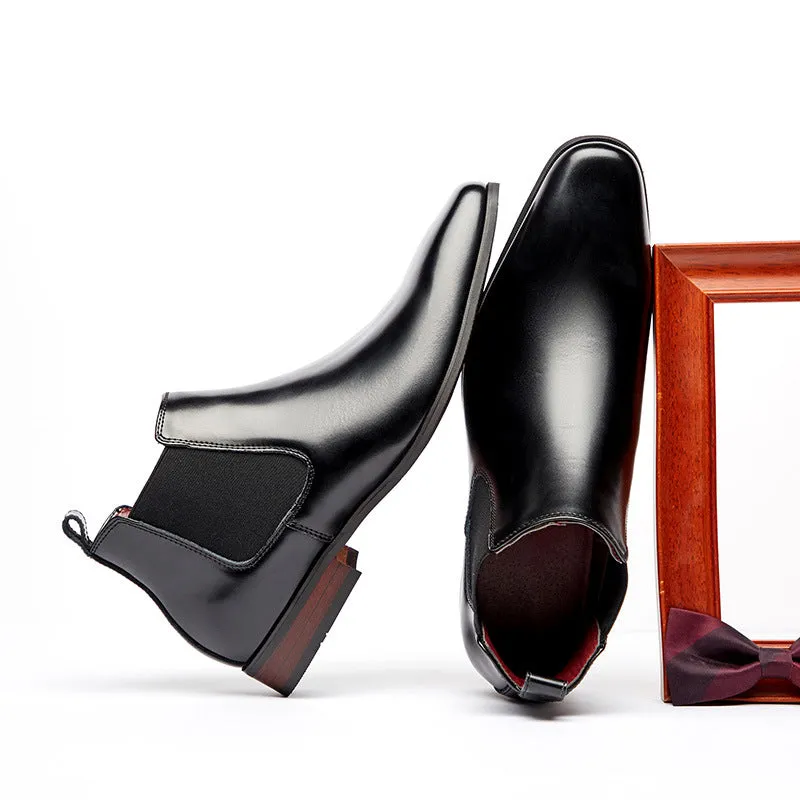 Men business chelsea boots leather slip on low heel square toe boots