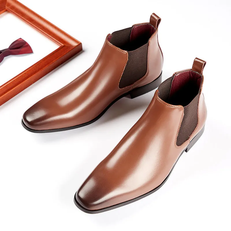 Men business chelsea boots leather slip on low heel square toe boots