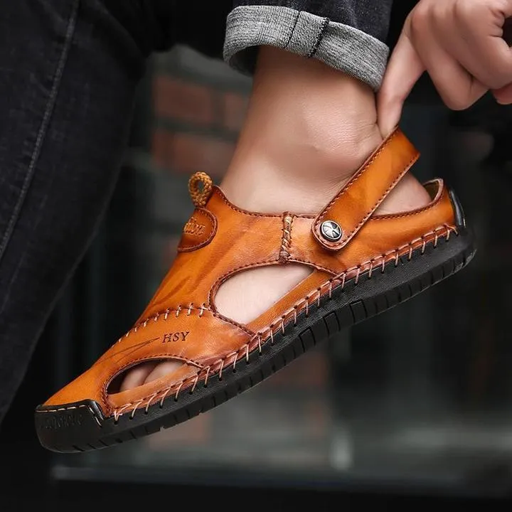 Men Hand Stitching Soft Outdoor Closed Toe Leather Casual Sandals