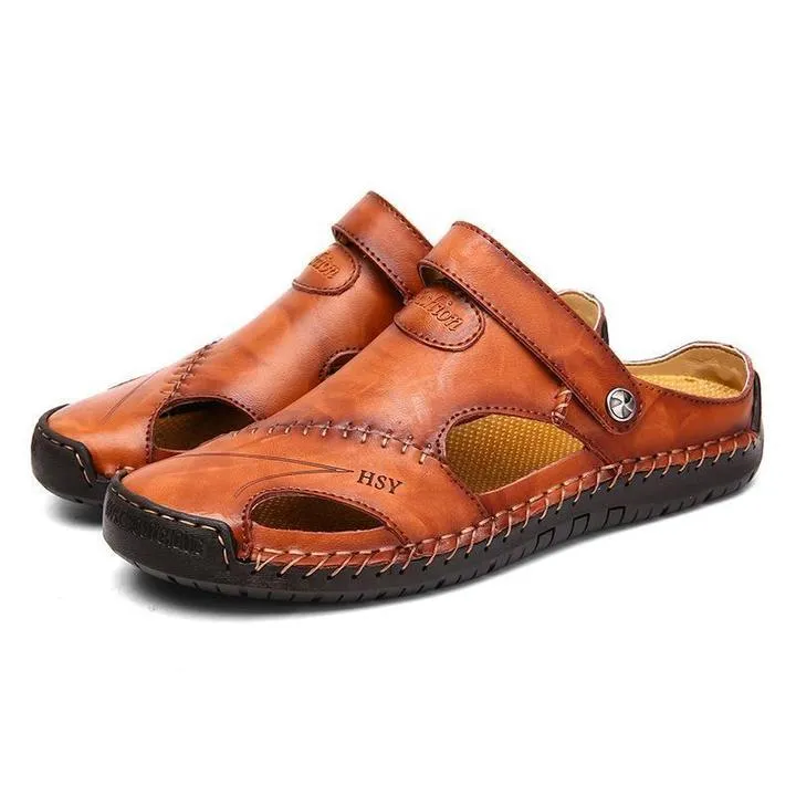 Men Hand Stitching Soft Outdoor Closed Toe Leather Casual Sandals