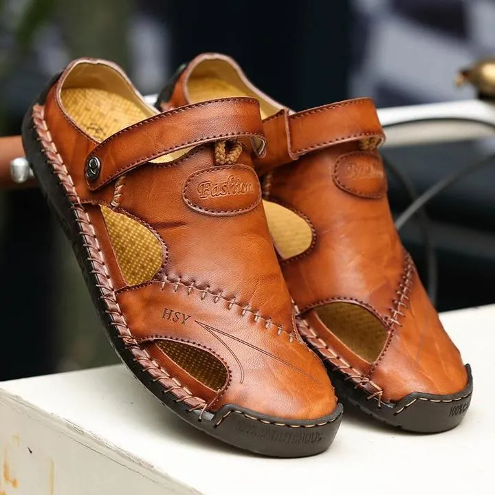 Men Hand Stitching Soft Outdoor Closed Toe Leather Casual Sandals
