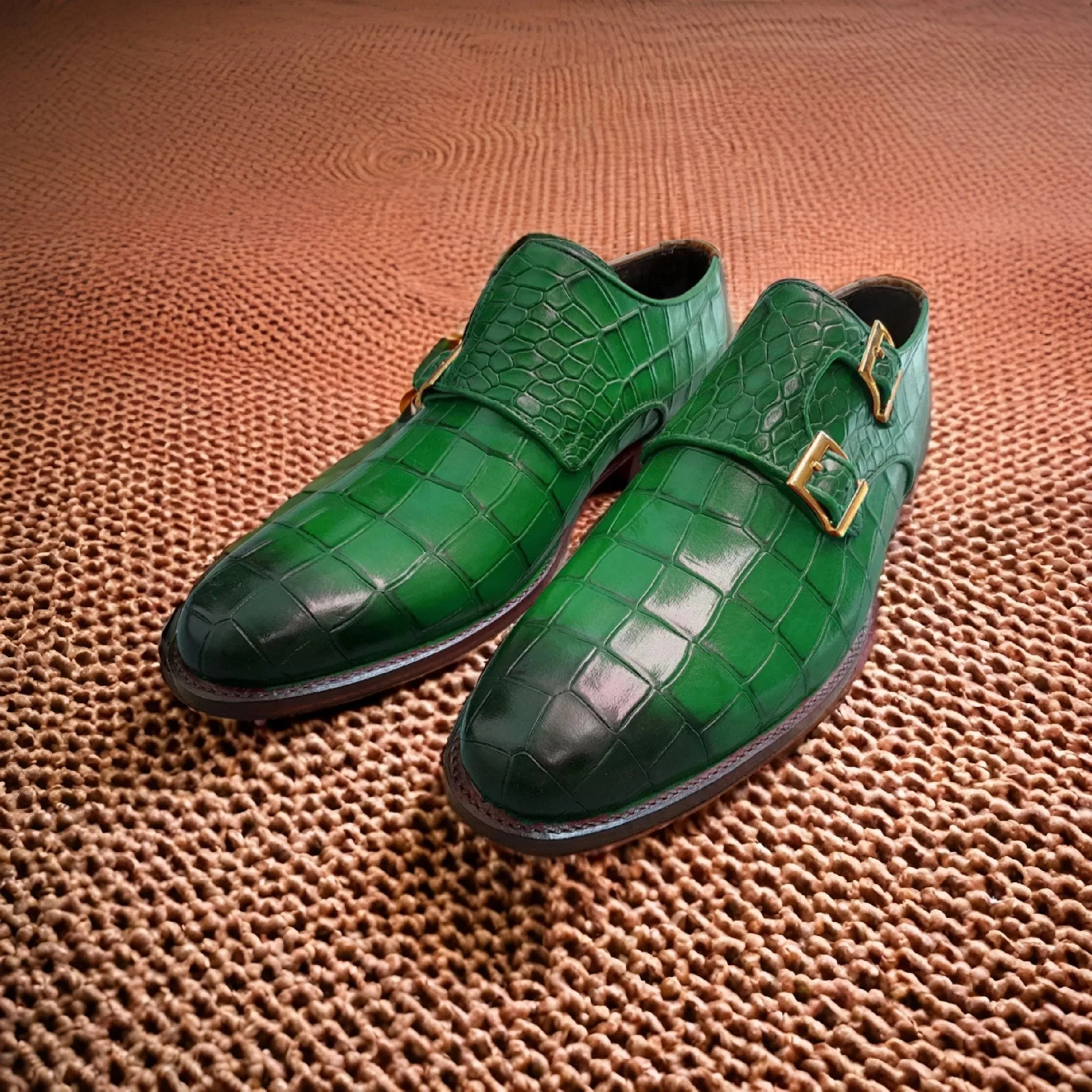 Men's Handmade Green Crocodile Texture Leather Dress Shoes Double Monk Shoes Men Style Gift For Men