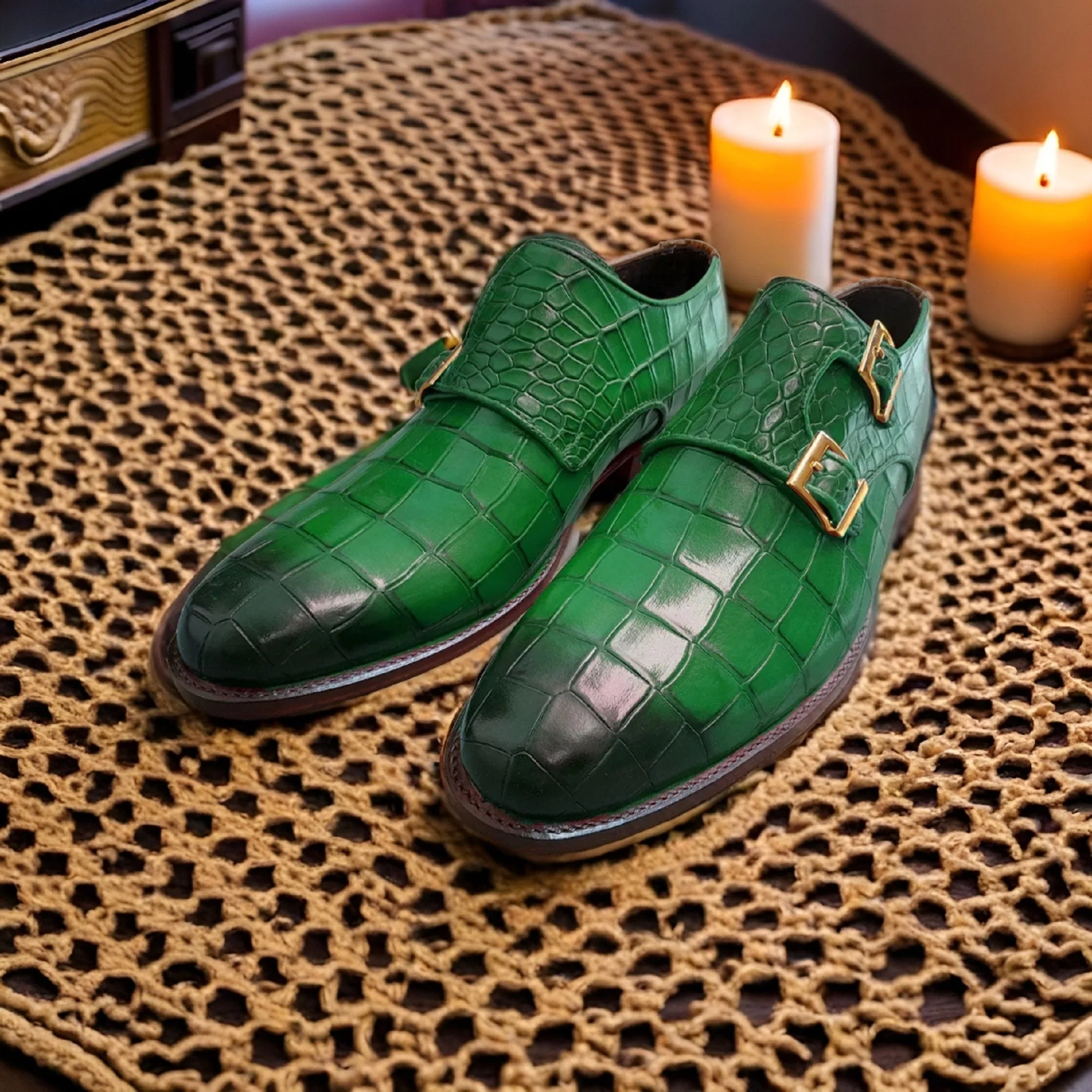 Men's Handmade Green Crocodile Texture Leather Dress Shoes Double Monk Shoes Men Style Gift For Men