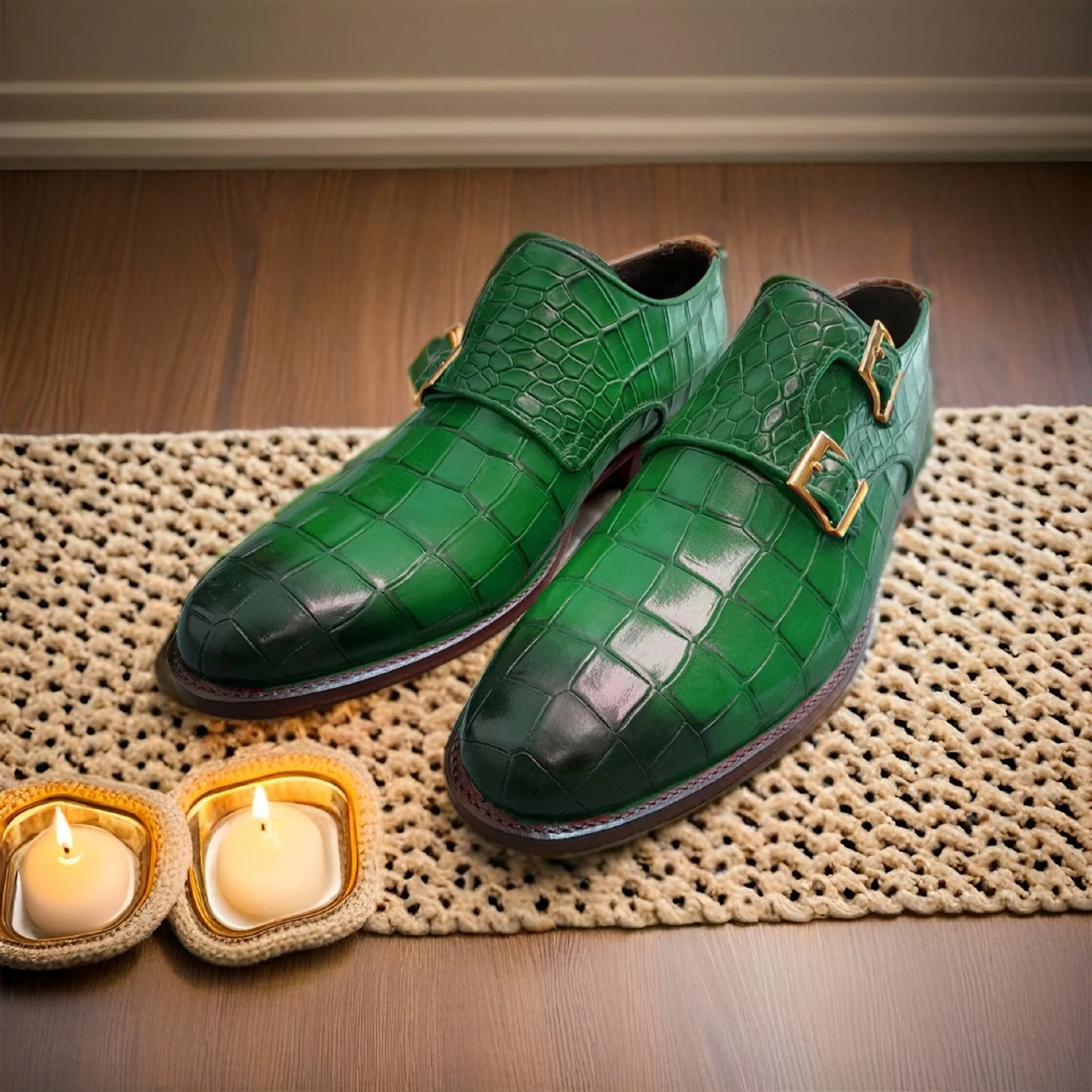 Men's Handmade Green Crocodile Texture Leather Dress Shoes Double Monk Shoes Men Style Gift For Men