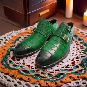 Men's Handmade Green Crocodile Texture Leather Dress Shoes Double Monk Shoes Men Style Gift For Men