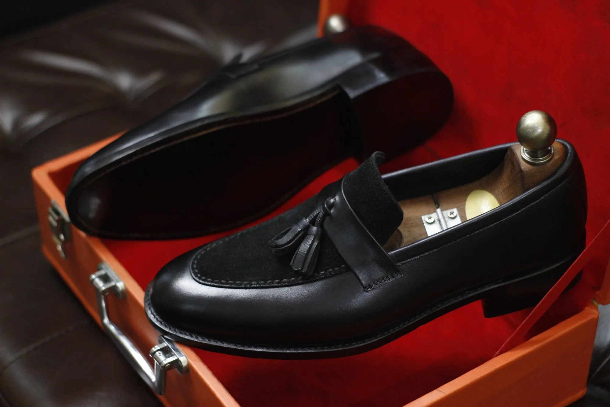 New Men's Handmade Formal Shoes Black Leather And Suede Slip On Stylish Loafer Teasels Dress & Formal Wear Shoes