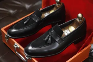 New Men's Handmade Formal Shoes Black Leather And Suede Slip On Stylish Loafer Teasels Dress & Formal Wear Shoes